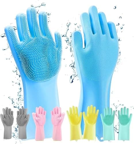 🛍️ GLUN Magic Silicone Dish Washing Gloves, Silicon Cleaning Gloves, Silicon Hand Gloves for Kitchen Dishwashing and Pet Grooming, Great for Washing Dish, Car, Bathroom (1 Pair,Assorted)