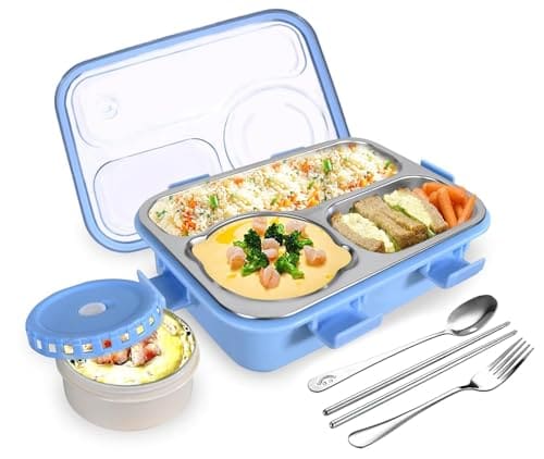 🛍️ TEC TAVAKKAL Lunch Box 3 Compartment Leak-Proof BPA Free Stainless Steel, Lunch Box for Kids, Lunch Box for School & Office with a Fork, a Spoon and a Pair of Chopsticks (Blue), 750 ml