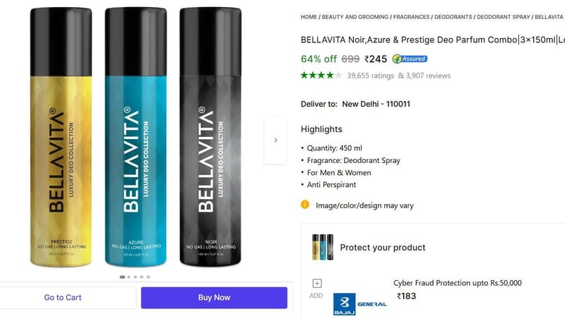 🔥  BELLAVITA Parfum Combo (450 ml, Pack of 3) @ ₹245